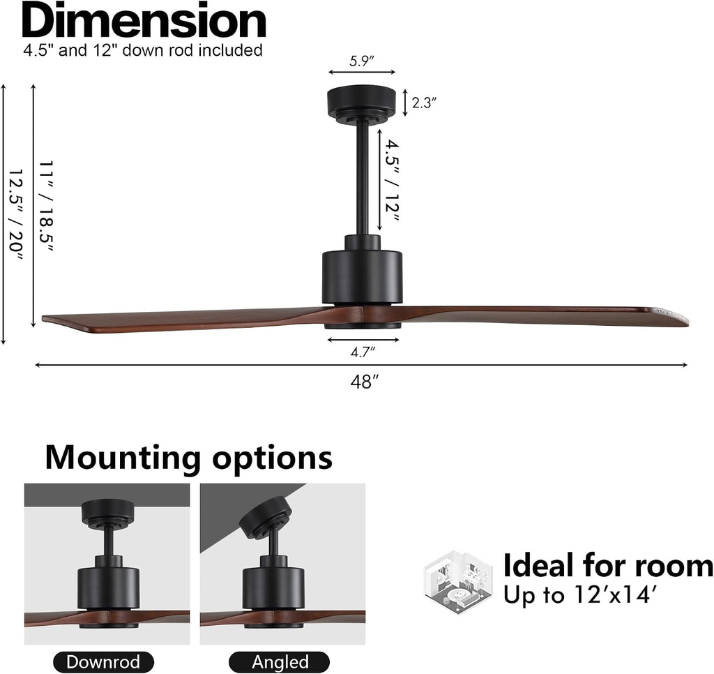 WINGBO 48 Inch DC Ceiling Fan without Lights, 4 Carved Solid Wood Blades, 6-Speed Noiseless Reversible DC Motor, Modern Ceiling Fan No Light with Remote, Black Finish with Walnut Blades, ETL Listed