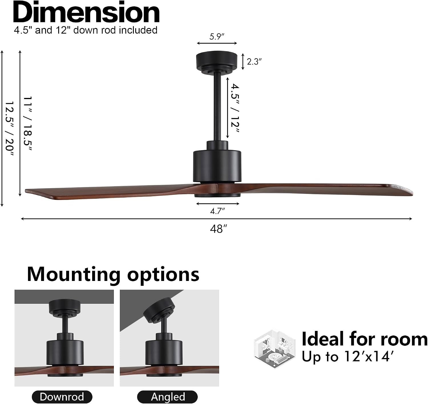 WINGBO 48 Inch DC Ceiling Fan without Lights, 4 Carved Solid Wood Blades, 6-Speed Noiseless Reversible DC Motor, Modern Ceiling Fan No Light with Remote, Black Finish with Walnut Blades, ETL Listed