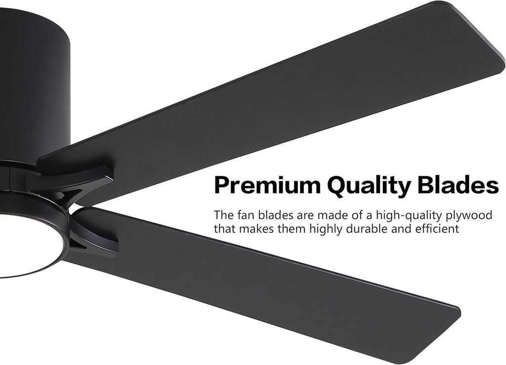 WINGBO 48' DC Flush Mount Ceiling Fan with Lights, 6-Speed Reversible DC Motor, 3CCT, Low Profile Hugger Ceiling Fan for Living Room Bedroom Kitchen, Black Finish and Black/Walnut Blades