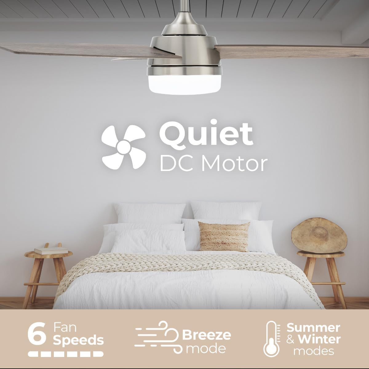 Santorini 4-Blade 52in Smart Indoor or Outdoor Ceiling Fan 2700K-6000K CCT Tunable Range LED Light Kit in Brushed Nickel with Reversible Black and Weathered Wood Blades Works With iOS or Android App