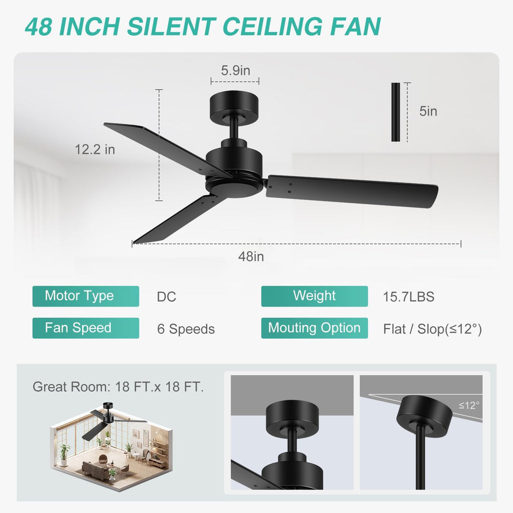 2 Pack 48 inch Ceiling Fans without Light, Black Ceiling Fan No Light with Quiet Reversible DC Motor, 6 Speeds, 3 Blades, Modern Ceiling Fans for Patio Living Room Bedroom Indoor