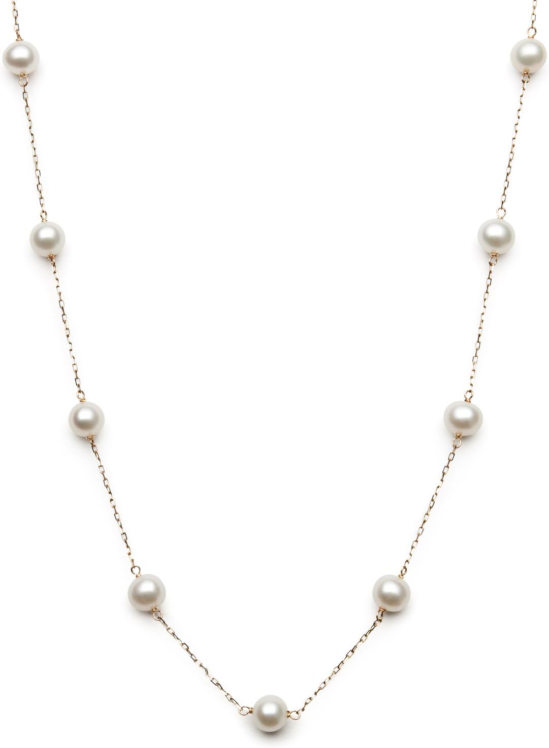 Belacqua Cultured Freshwater Pearl Station Necklace in 10K White or Yellow Gold,Size 6MM-7MM, 18 Inches Dainty Cable Chain, Real Jewelry for Women, Gift Box Included