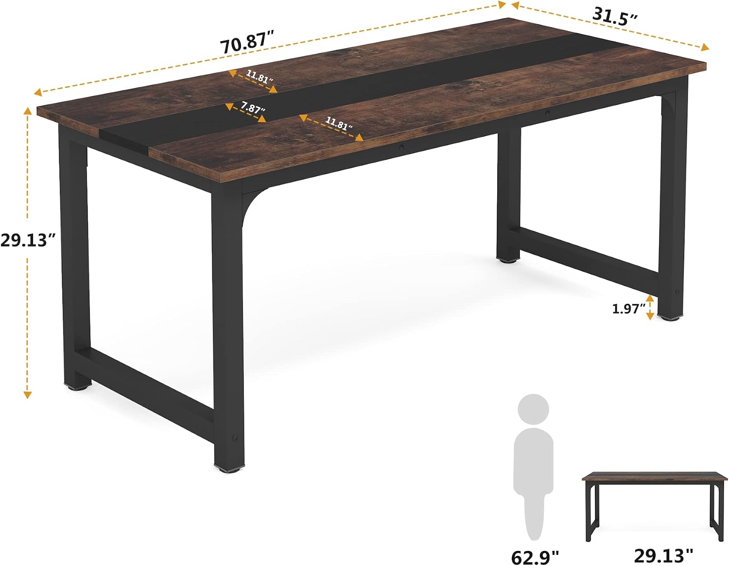 Tribesigns 70.8'Executive Desk, Large Office Computer Desk with Thicken Frame, Modern Simple Workstation Business Furniture for Home Office, Vintage Brown/Black
