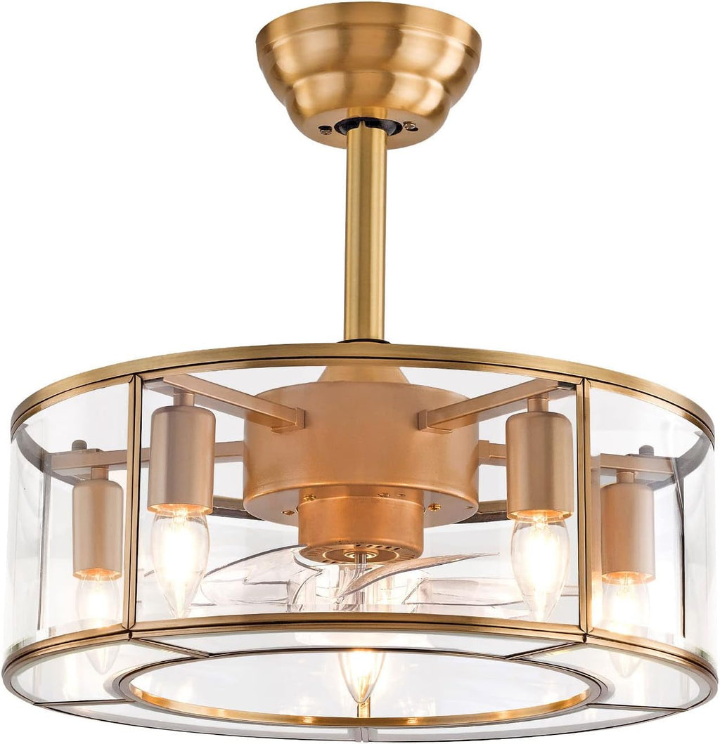 OUKANING Caged Fandelier Ceiling Fan with Light, Golden Ceiling Fans with Remote Control & Noiseless 35db - Farmhouse Rustic Bladeless Ceiling Fans Chandelier Retro Lighting Fixture (glass)