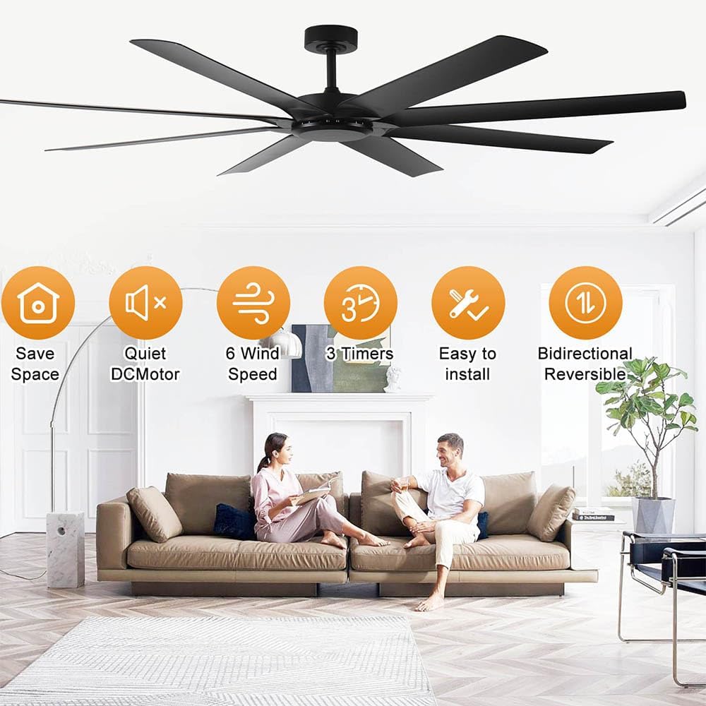 72inch Large Ceiling Fans No light,Industrial Ceiling Fan with 8 Blades(ABS),Reversible DC Motor,Quiet Fans with Remote control,3 Downrods,Black Ceiling Fans for Patio/Porch/Garage/Shop