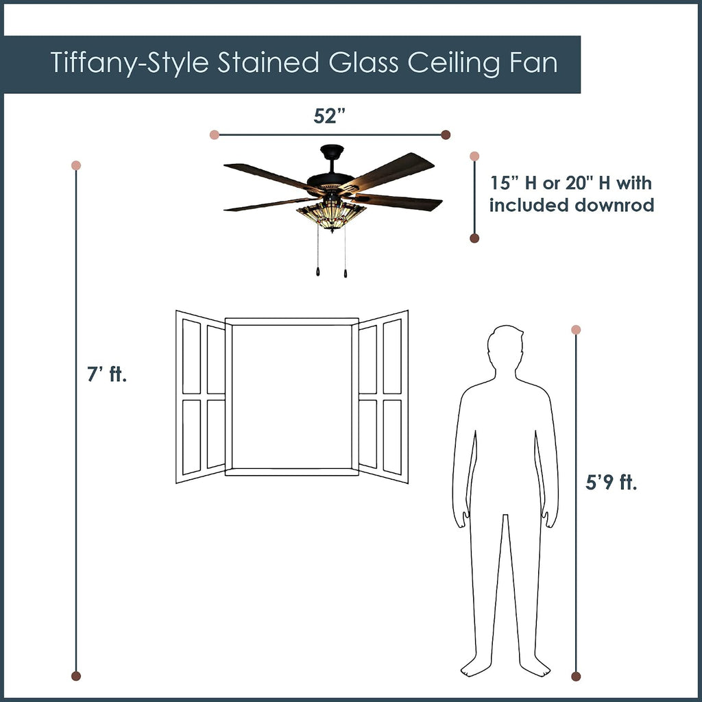 RIVER OF GOODS 52 Inch Craftsman LED Ceiling Fan with Lights - Tiffany-Style Stained Glass Ceiling Light Fixture - Elegant Chandelier Fans with Lights and Remote