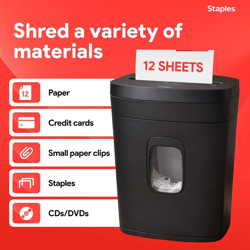 Staples 12-Sheet Micro-Cut Paper Shredder, High-Security, Shreds Credit Cards, for Home & Office, Anti-Jam, Black