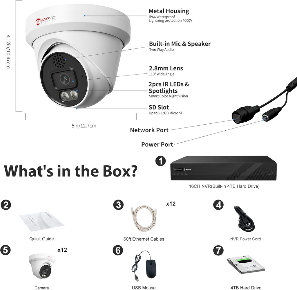 [Active Deterrent] - Anpviz 16 Channel 4K PoE Security Camera System with Two Way Audio, AI Human Vehicle Detection,12x 8MP Wired IP Turret Cameras Outdoor, 16CH 12MP PoE NVR with 4TB HDD for Business