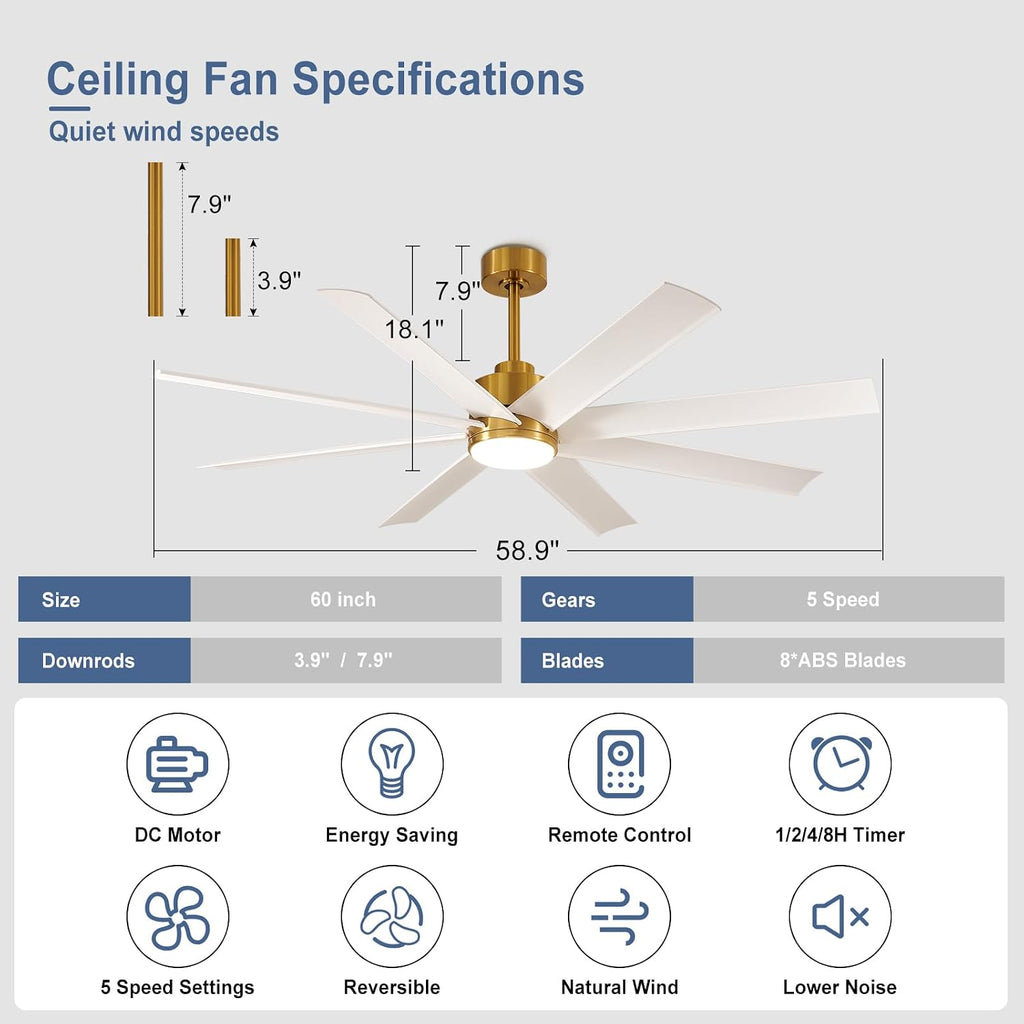 Farmhouse Ceiling Fan with Remote: 60' White and Gold 8-Blade 5-Speed Reversible DC Motor - Large Indoor/Outdoor Fan