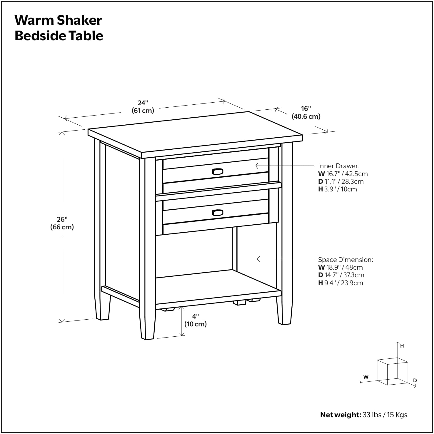 SIMPLIHOME Warm Shaker Bedside Table - 24 inch Wide Solid Wood Nightstand in Hickory Brown, Transitional Bedroom Side or End Table with 2 Drawers, Open Shelf Storage and Bronze Hardware