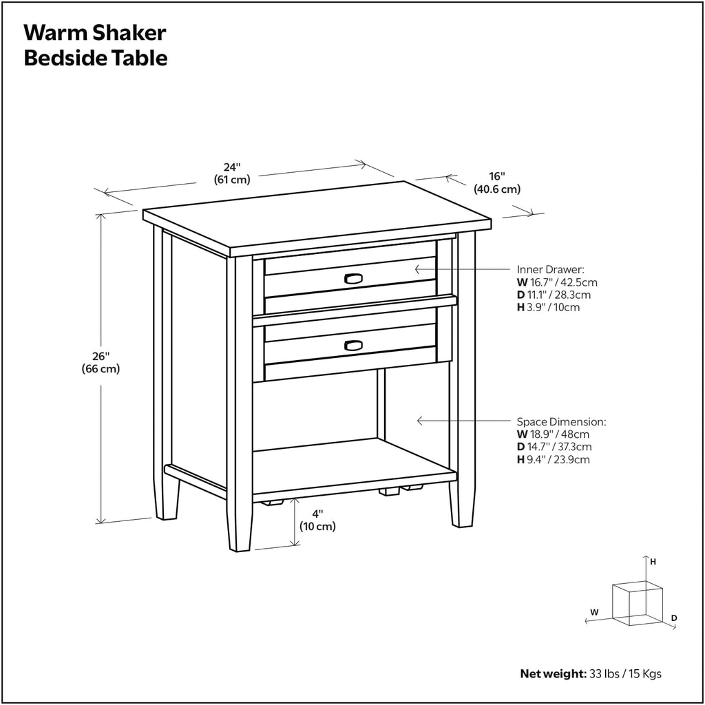 SIMPLIHOME Warm Shaker Bedside Table - 24 inch Wide Solid Wood Nightstand in Light Golden Brown, Transitional Bedroom Side or End Table with 2 Drawers, Open Shelf Storage and Brushed Nickel Hardware