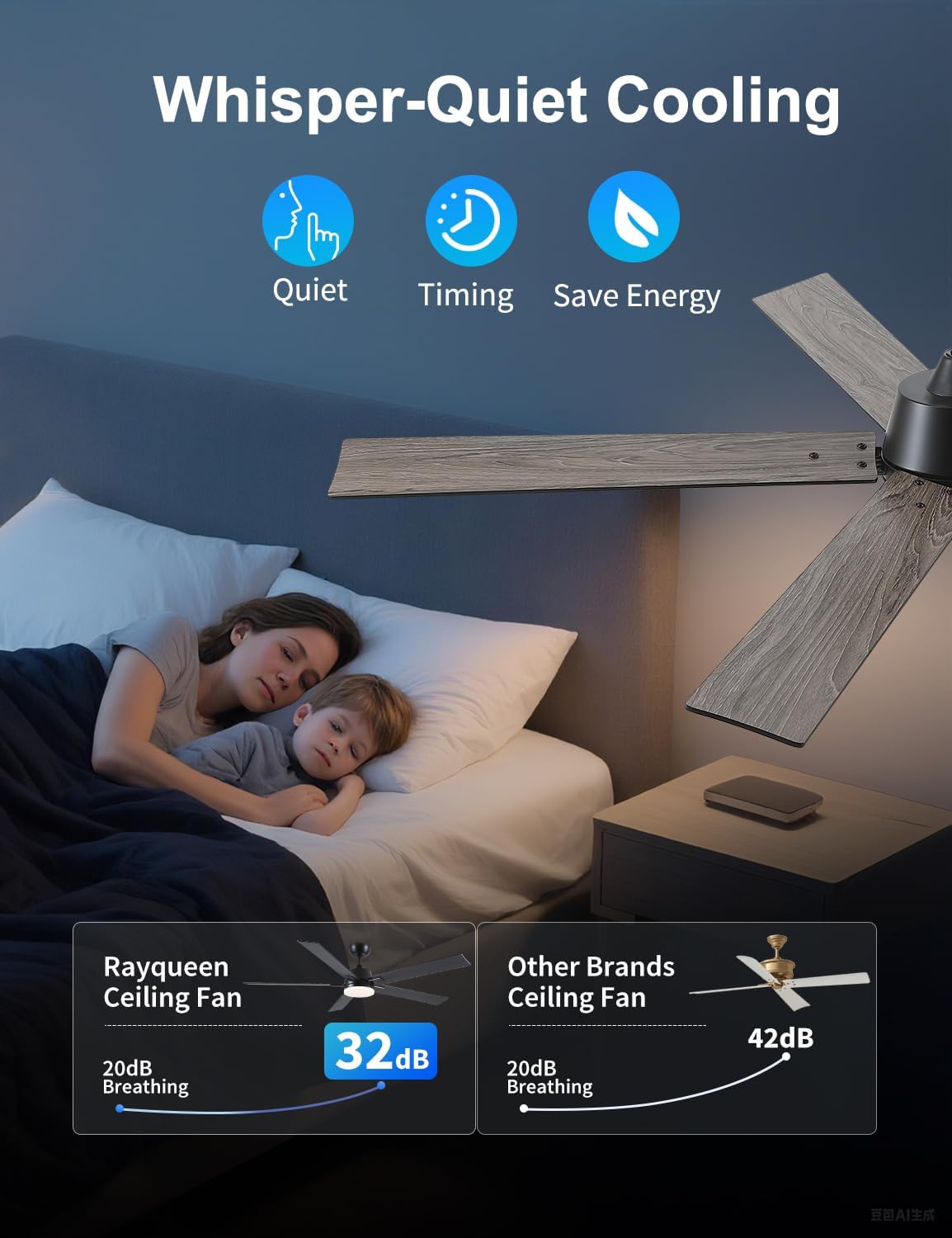 Rayqueen 60 Inch Black Ceiling Fans with Lights and Remote,Includes Downrod | 6 Speed Reversible DC motor,3-color temperature dimmable LED.For indoor/covered outdoor.Modern style for bedroom room