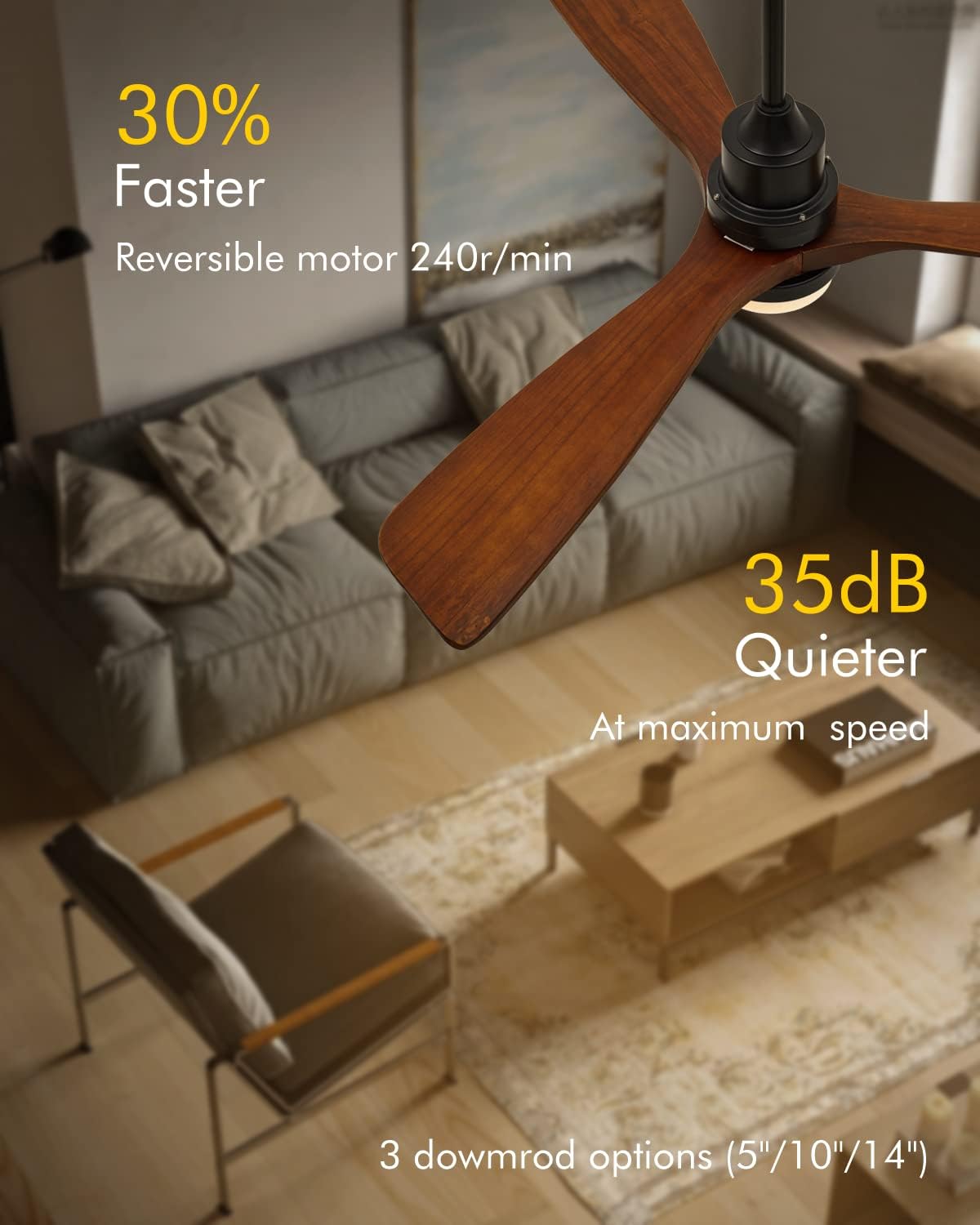 Modern Ceiling Fans with Lights, 3 Wood Fan Blades, 52' Black with Remote Control, Noiseless Reversible DC Motor for Bedroom/Living Room/Study/Patio