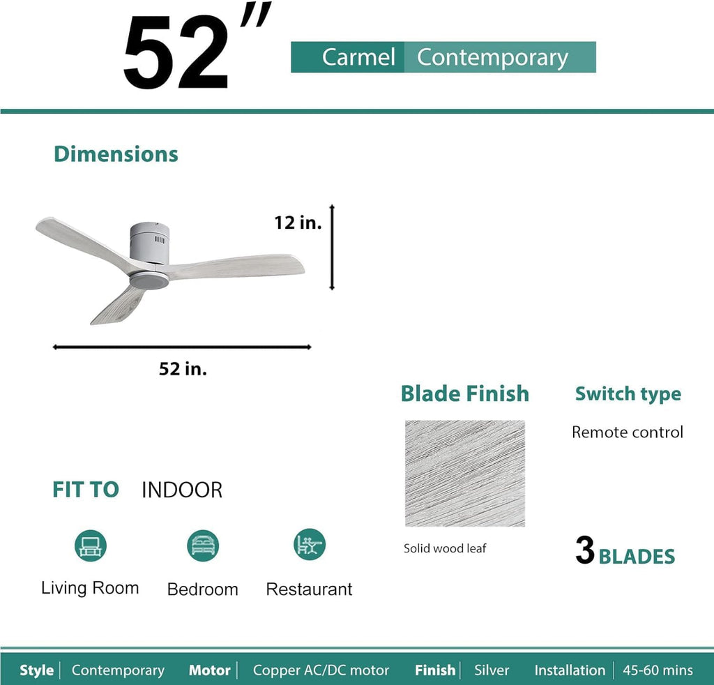 Sofucor 52 Inch Solid Wood Low Profile Flush Mount Ceiling Fan No Light, Outdoor Modern Ceiling Fan without Light 6-Speed, 3-Timer, Reversible DC Motor for Living Room Bedroom