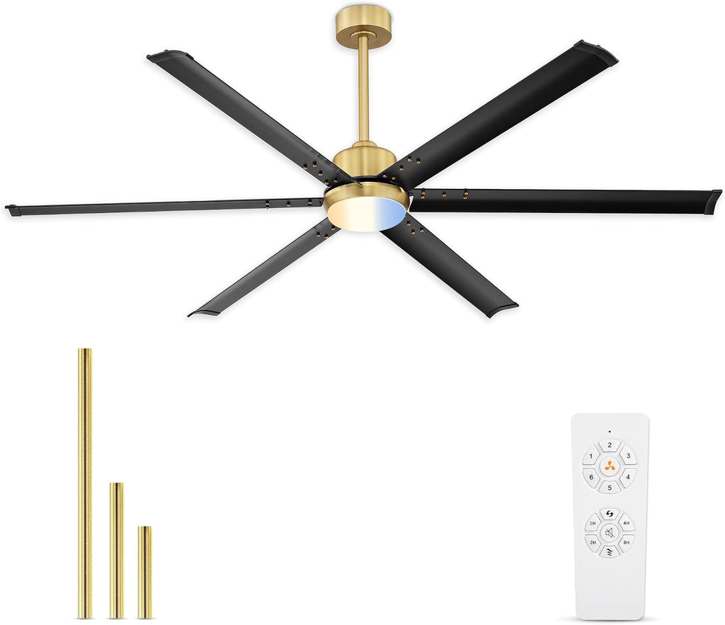 72 Inch Ceiling Fan with Light, Industrial Aluminum Blades, DC Motor 6 Speed Reversible,Covered Outdoor Porch, Black and Gold,CF06BGB-72