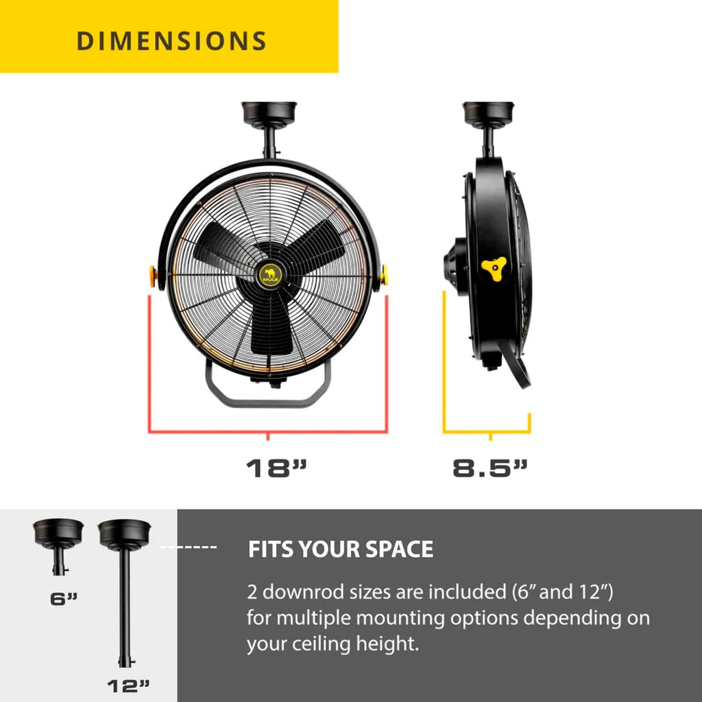 MULE GARAGE FAN, CEILING MOUNTED PLUG-IN CORD, 3 SPEED, POWERFUL 3000 CFM, INCLUDES 6-IN AND 12-IN DOWNRODS BLACK/YELLOW