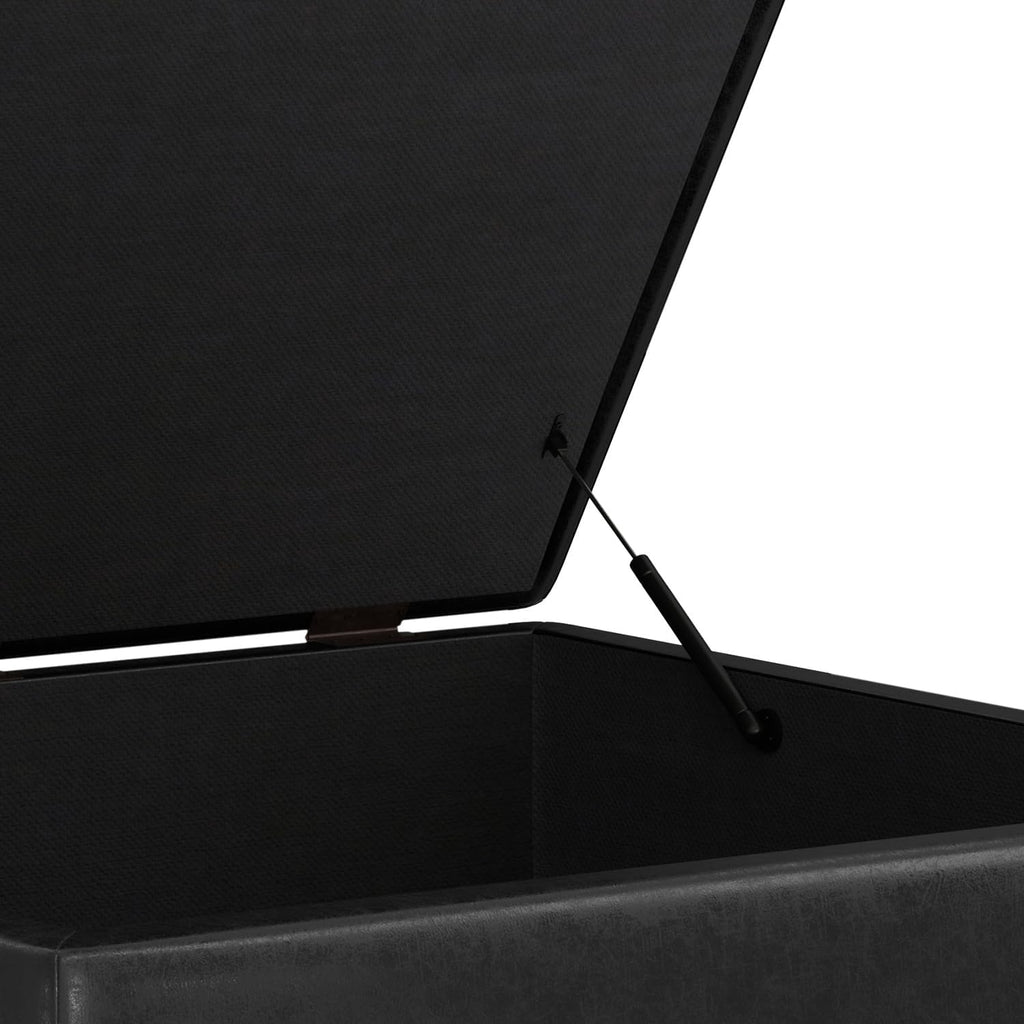 SIMPLIHOME Shay 38 inch Wide Mid Century Modern Large Square Coffee Table Storage Ottoman in Distressed Black Vegan Faux Leather, Assembled, for the Living Room and Entryway