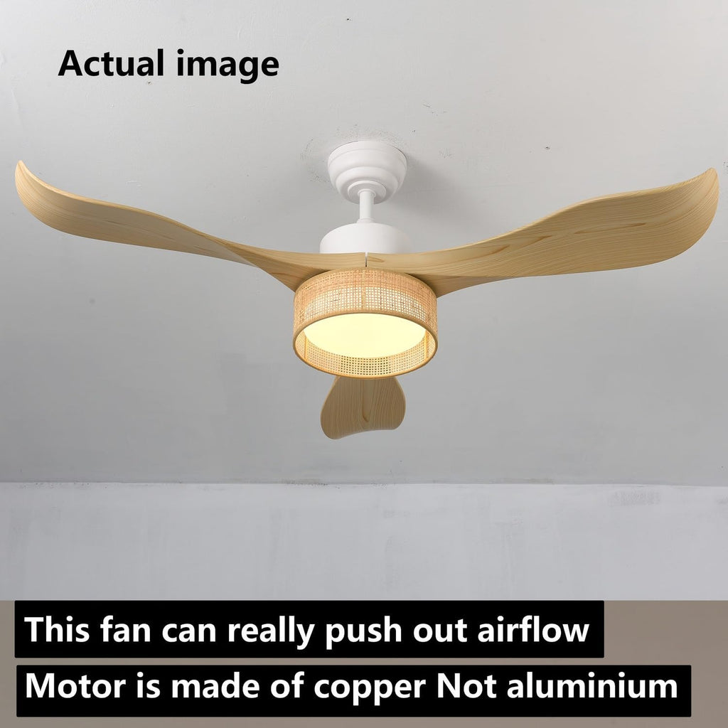 Eamonex 52 inches LED Bamboo DC Ceiling Fan with Light Fixture and Remote Control,Boho Wooden Bohemian Dimmable Rattan Wicker Fandelier for Indoor,Outdoor,Bedroom,Living room,Dining room