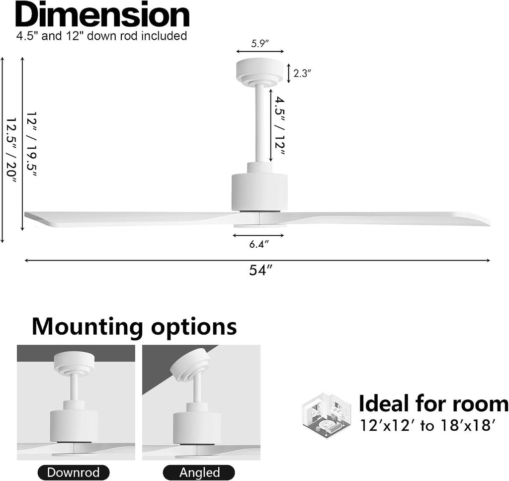 WINGBO 54' DC Ceiling Fan without Lights, 4 Carved Solid Wood Blades, 6-Speed Noiseless Reversible DC Motor, Modern Ceiling Fan No Light with Remote, Gloss White Finish with White Blades, ETL Listed