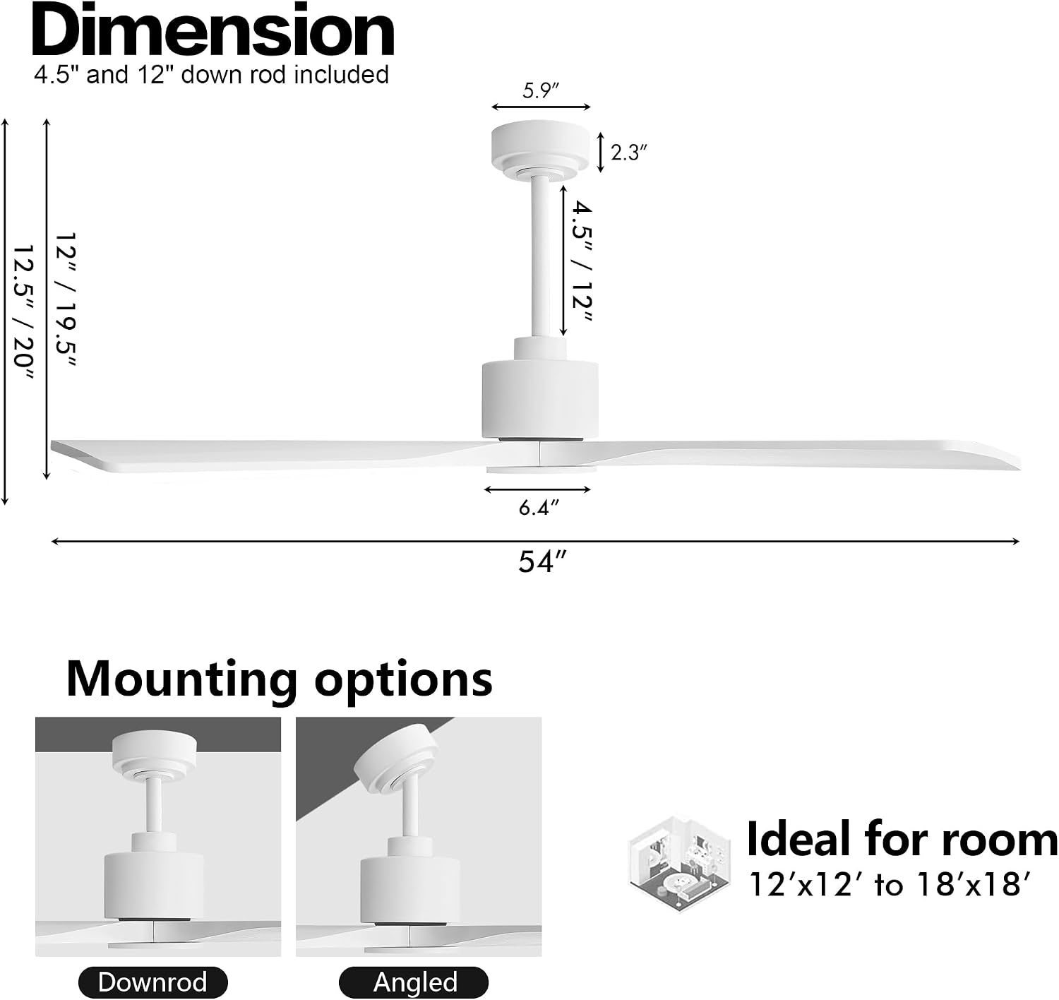 WINGBO 54' DC Ceiling Fan without Lights, 4 Carved Solid Wood Blades, 6-Speed Noiseless Reversible DC Motor, Modern Ceiling Fan No Light with Remote, Gloss White Finish with White Blades, ETL Listed