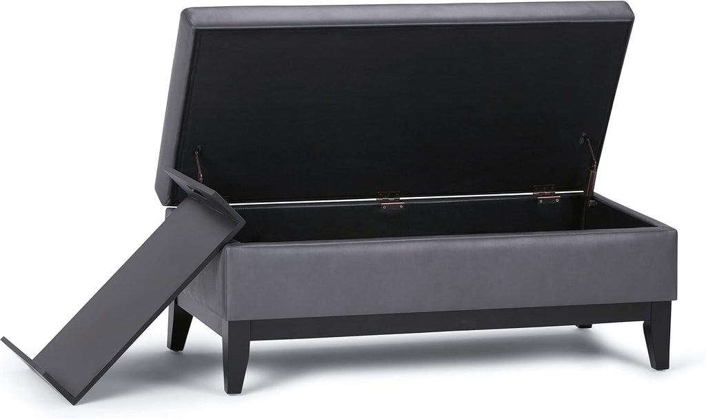 SIMPLIHOME Oregon Storage Ottoman Bench with Tray - 42 inch Wide Upholstered Vegan Leather Rectangle Storage Ottoman Bench in Stone Grey, Transitional Tufted Ottoman for Living Room with Lift-Up Lid
