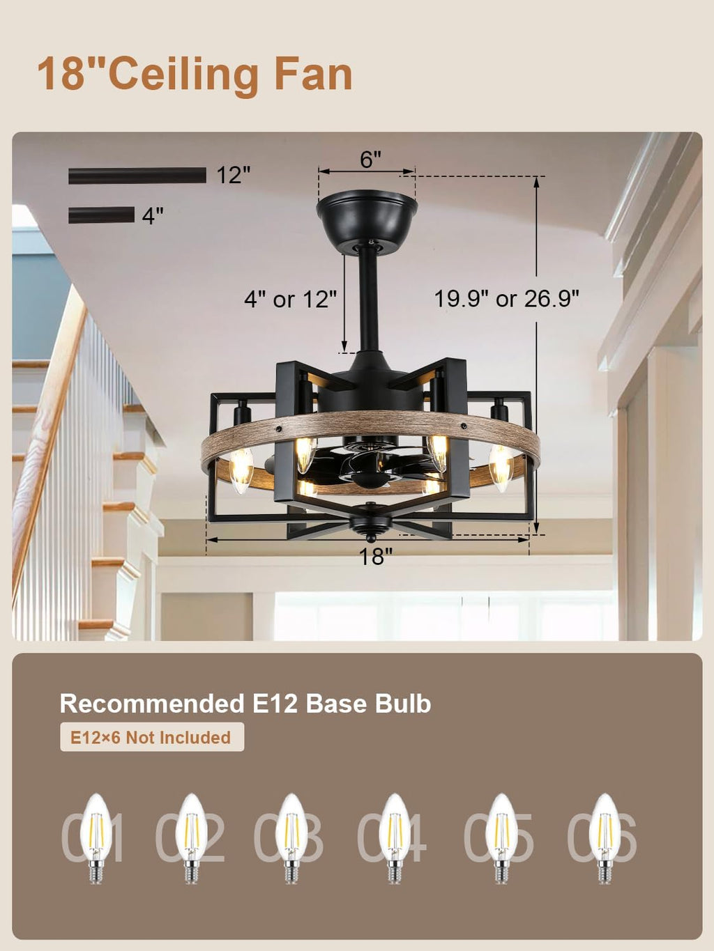 18 Inch 6-Lights Farmhouse Caged Ceiling Fan with Light, Retro Industrial Enclosed Rustic Ceiling Fans with Remote Control for Bedroom Living Room