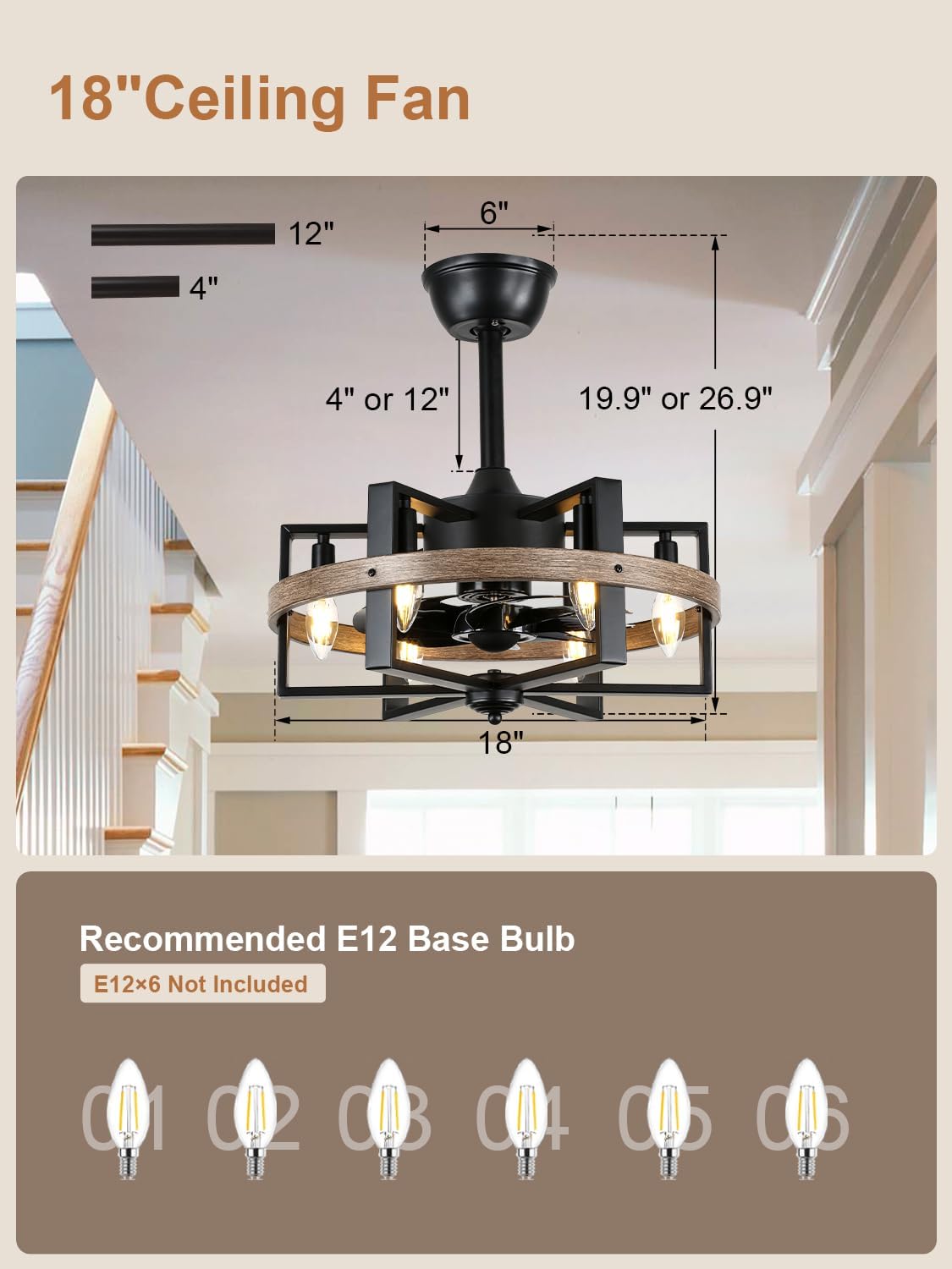 18 Inch 6-Lights Farmhouse Caged Ceiling Fan with Light, Retro Industrial Enclosed Rustic Ceiling Fans with Remote Control for Bedroom Living Room