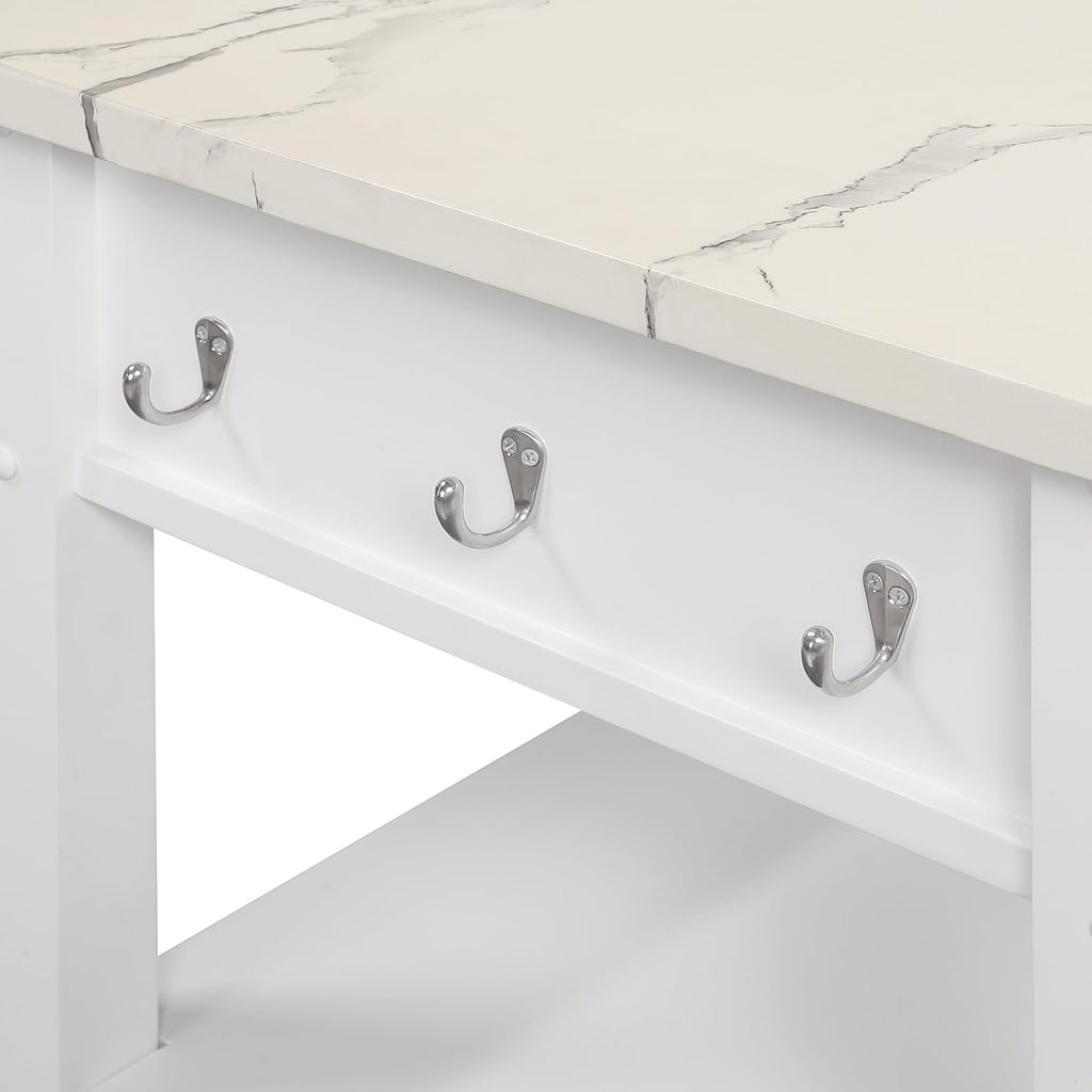 OSP Home Furnishings Litchfield Modern Farmhouse Kitchen Cart, Solid Wood Frame with Storage Drawers, Shelves, Locking Casters, White with Faux Marble Top