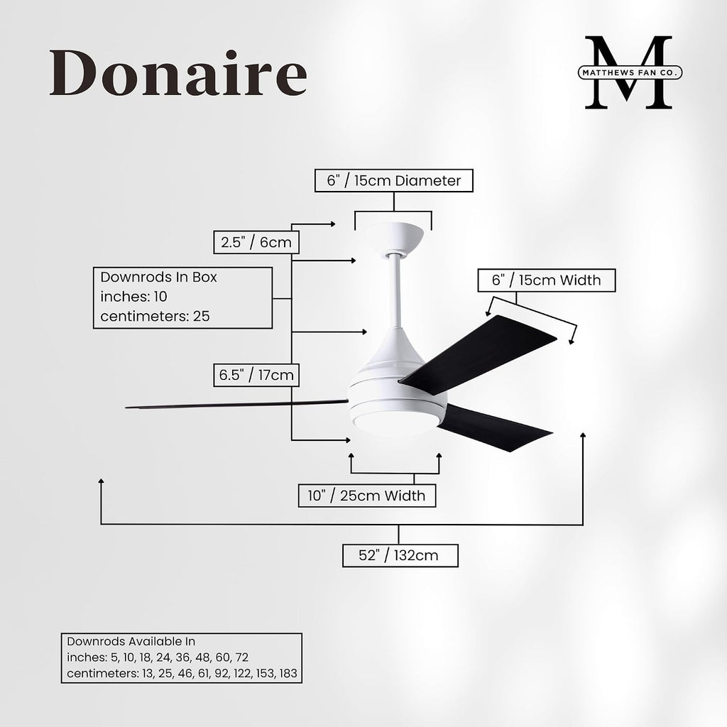 Matthews DA-WH-BK Donaire Outdoor Wet/Salt Water Rated 52' Marine-Grade Coastal Ceiling Fan with LED Light & Remote, Gloss White with Black