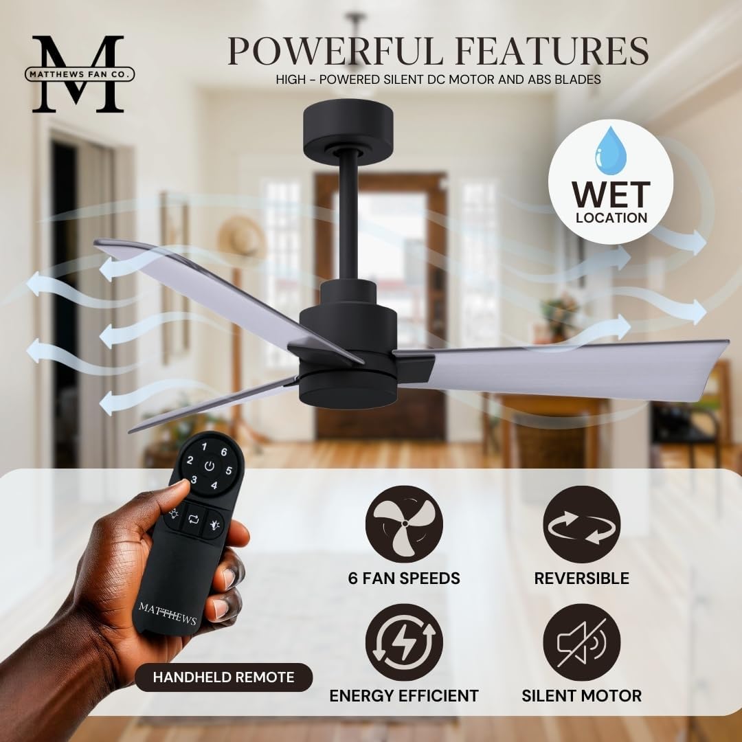 Matthews AK-BK-BN-42 Alessandra Wet Rated 42' Outdoor Ceiling Fan without Light, Remote Included, Silent DC Motor, Matte Black with Brushed Nickel