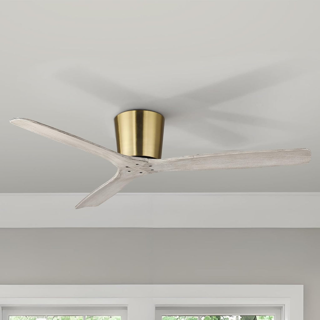 54' Modern Flush Mount Ceiling Fan with Remote, Gold Ceiling Fan with Solid Wood Blades, Low Profile Reversible DC Ceiling Fan for Bedroom, Living Room, Japandi, Coastal & Modern Organic Interiors