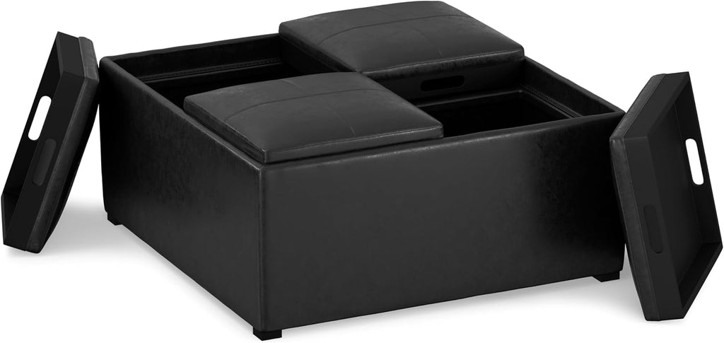 SIMPLIHOME Avalon Wide Contemporary Square Coffee Table Storage Ottoman, Distressed Black, Table Ottoman