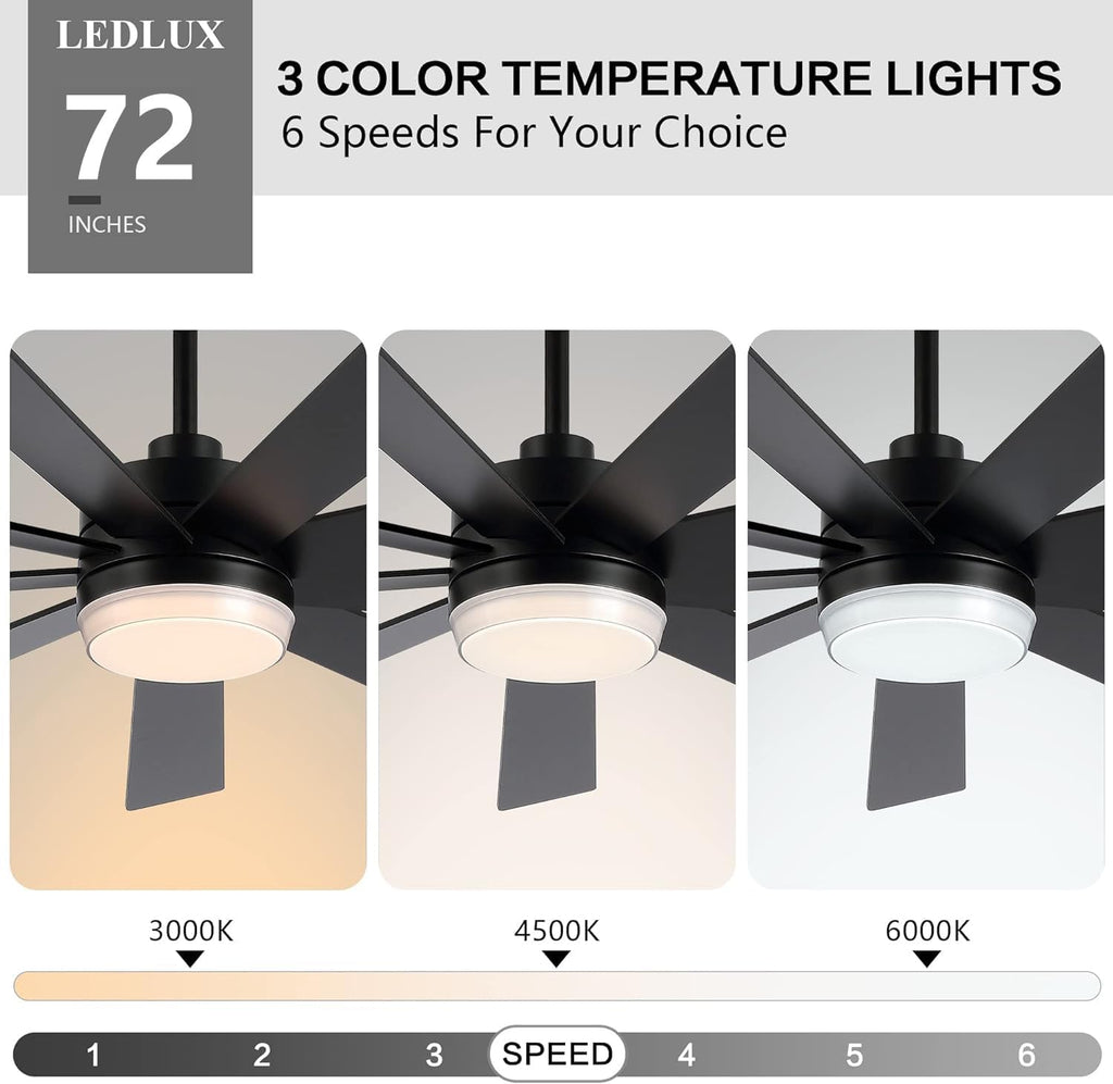 LEDLUX 72' Ceiling Fan with Light Black, 6-Speed Remote Control, Reversible DC Motor, Modern 9 Blades with 4.5'/12'/24' Downrods for Home or Commercial, Living Room/Restaurant