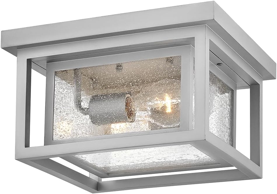 Hinkley Republic Small Flush Mount Outdoor Ceiling Light, Composite, Clear Seedy Glass Panes, Anti-Fading Finish, Satin Nickel Finish