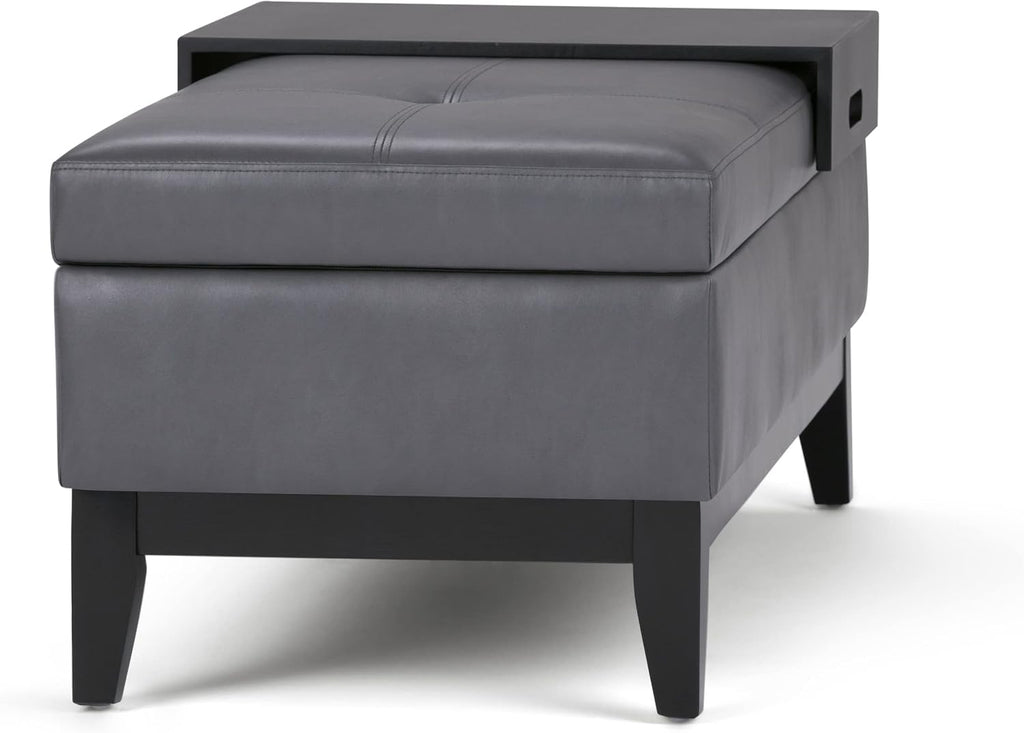 SIMPLIHOME Oregon Storage Ottoman Bench with Tray - 42 inch Wide Upholstered Vegan Leather Rectangle Storage Ottoman Bench in Stone Grey, Transitional Tufted Ottoman for Living Room with Lift-Up Lid