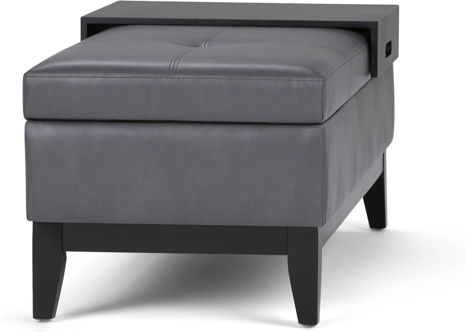 SIMPLIHOME Oregon Storage Ottoman Bench with Tray - 42 inch Wide Upholstered Vegan Leather Rectangle Storage Ottoman Bench in Stone Grey, Transitional Tufted Ottoman for Living Room with Lift-Up Lid