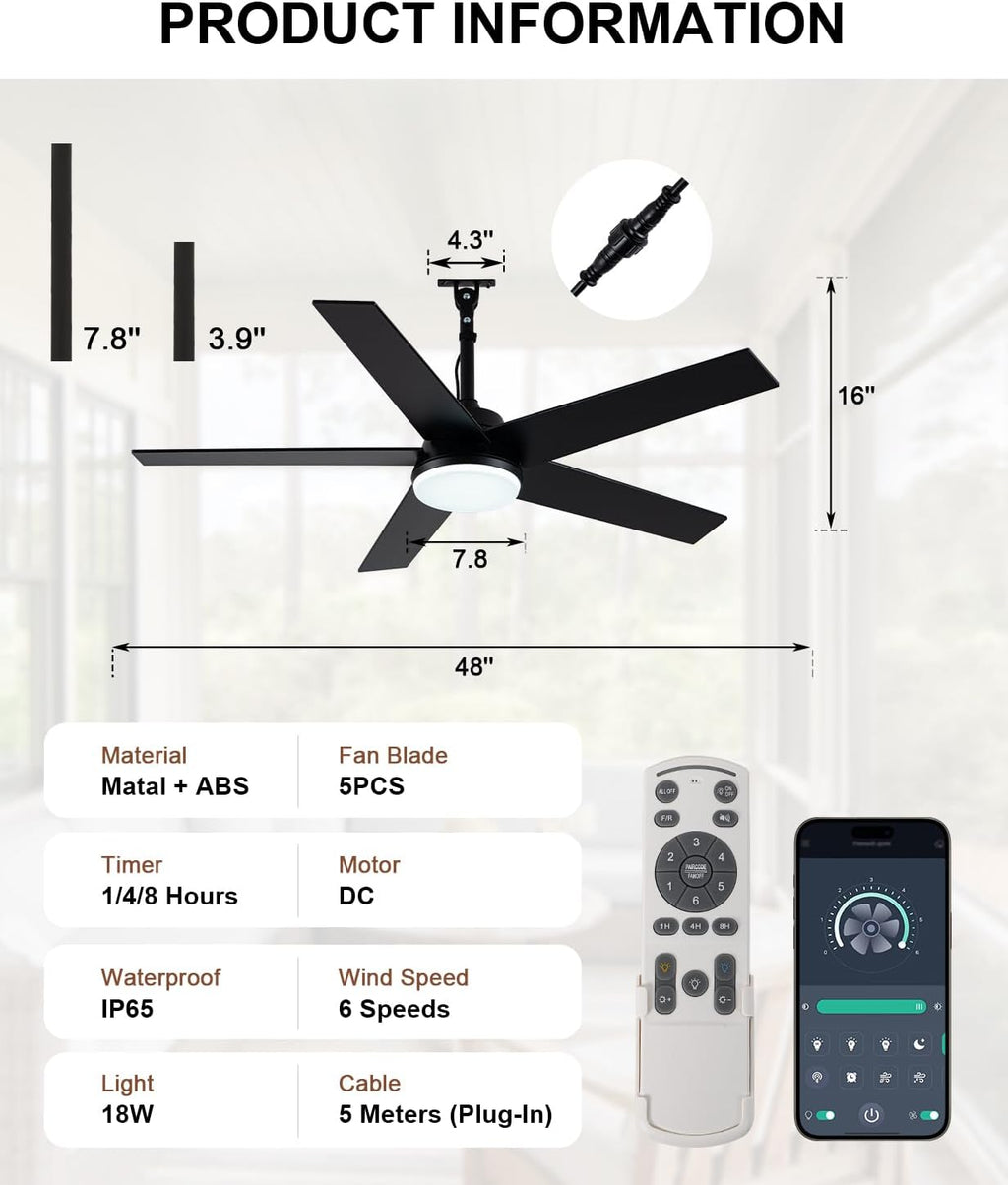 42'' Walnut Waterproof Gazebo Fans with Lights Remote App Control,IP65,6 Speed Reversible 3-Blade Plug-in Outdoor Hanging Fan for Indoor,Patios,Pergola,Garage,Deck,Coastal