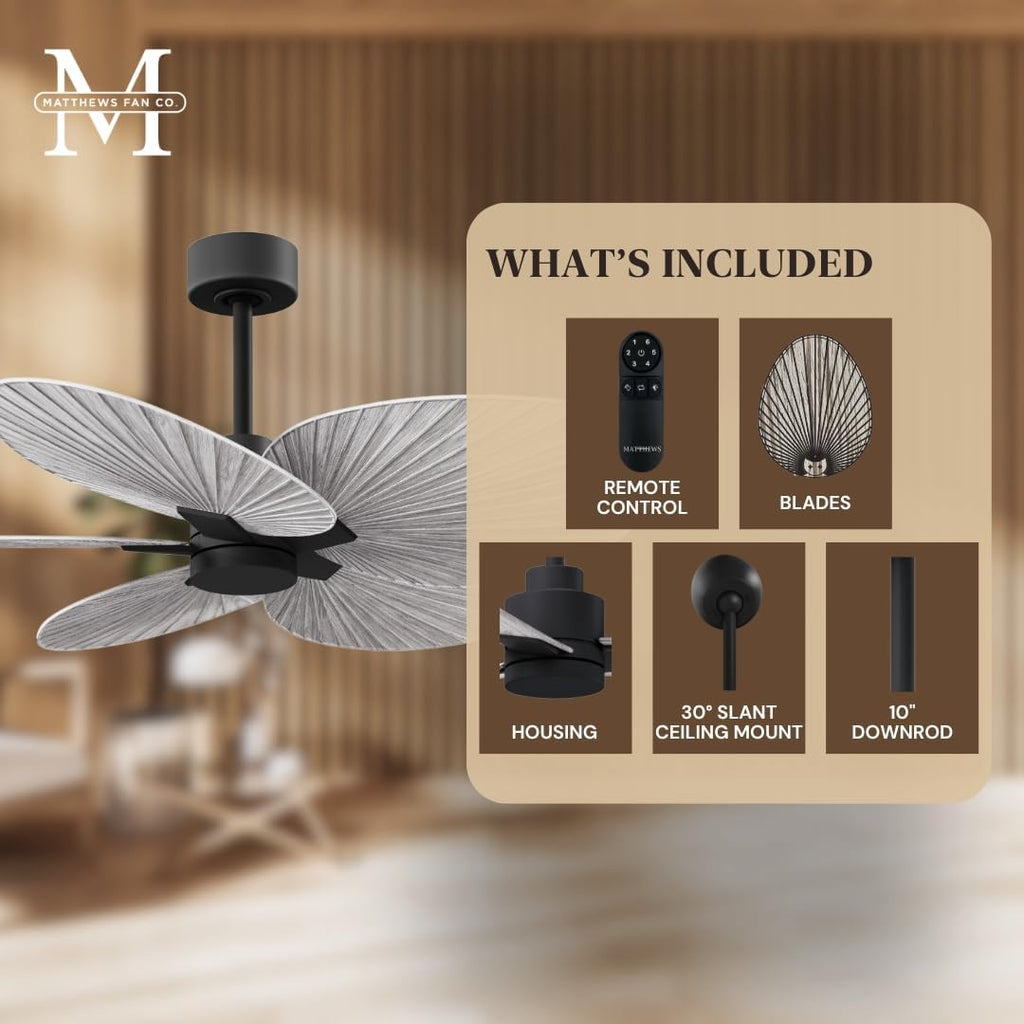 Matthews AK-BK-BW-42 Alessandra Wet Rated 42' Outdoor Ceiling Fan without Light, Remote Included, Silent DC Motor, Matte Black with Barn Wood Tone