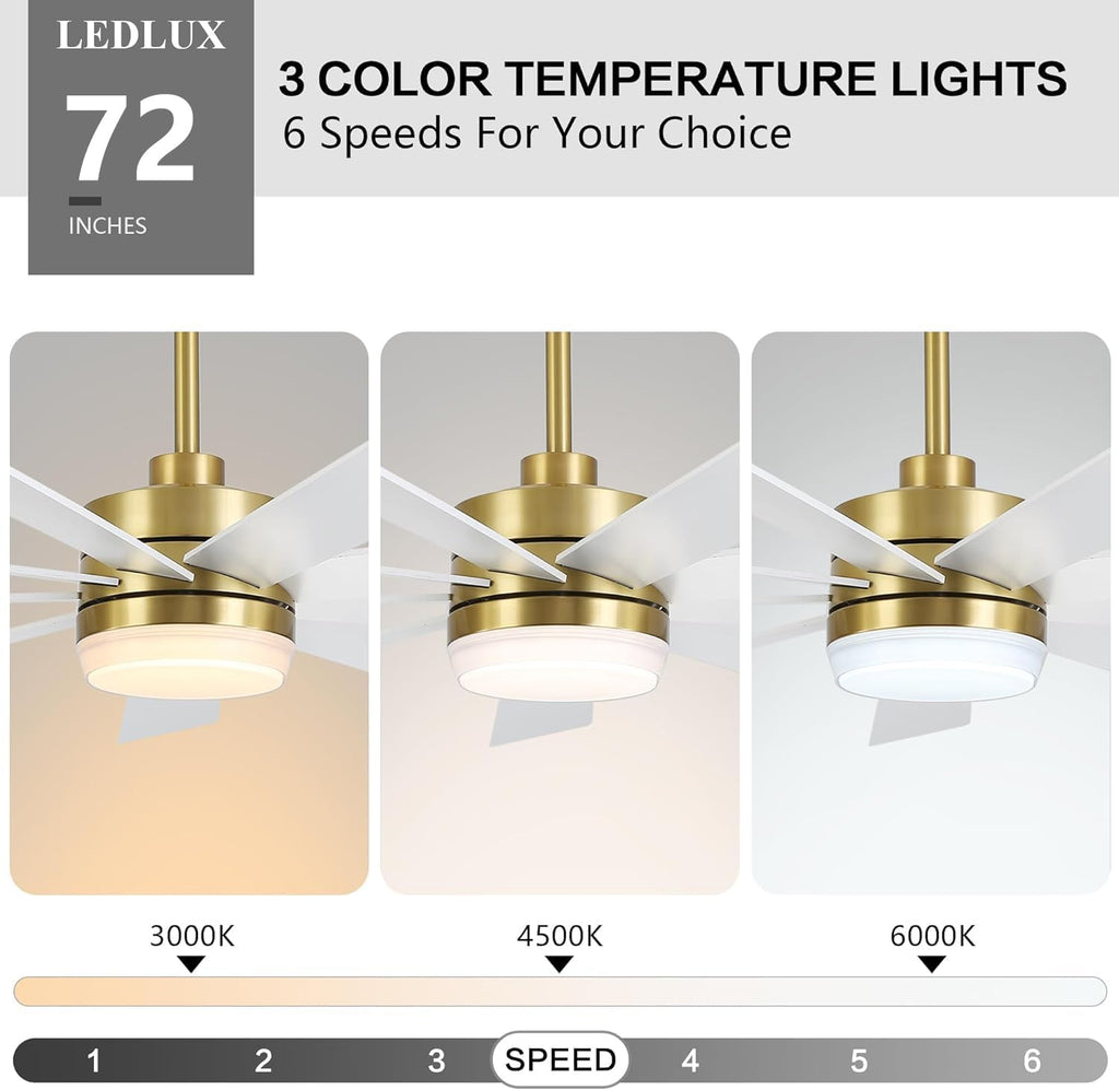 LEDLUX 72' DC Motor Ceiling Fan with Light, 6-Speed Remote Control, Reversible Motor, Modern 9 Blades Ceiling Fan 4.5'/12'/24' Downrods for Home or Commercial, Living Room/Restaurant White/Gold