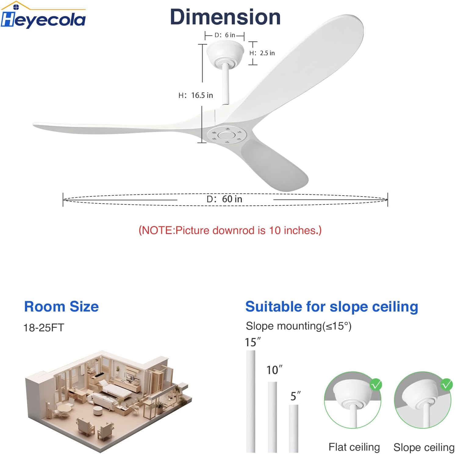 Ceiling Fans Without Light,60 Inch Outdoor Ceiling Fans no Light, 3 Blade Solid Wood Ceiling Fan with Remote Control for Patios Living Room Bedroom Porch. (White Blades + White Body, 60inch)