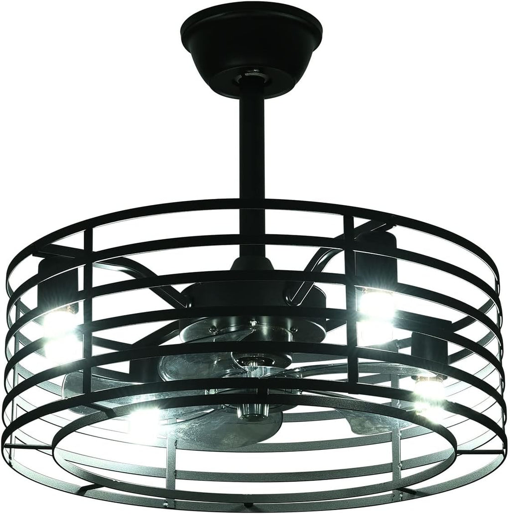 Industrial Ceiling Fan with Lights 20inch Enclosed Ceiling Fan Indoor w/Remote, Black Caged Retro Ceiling Fan Metal Bladeless Chandelier Fan Lighting for Living Dining Room Bedroom Kitchen