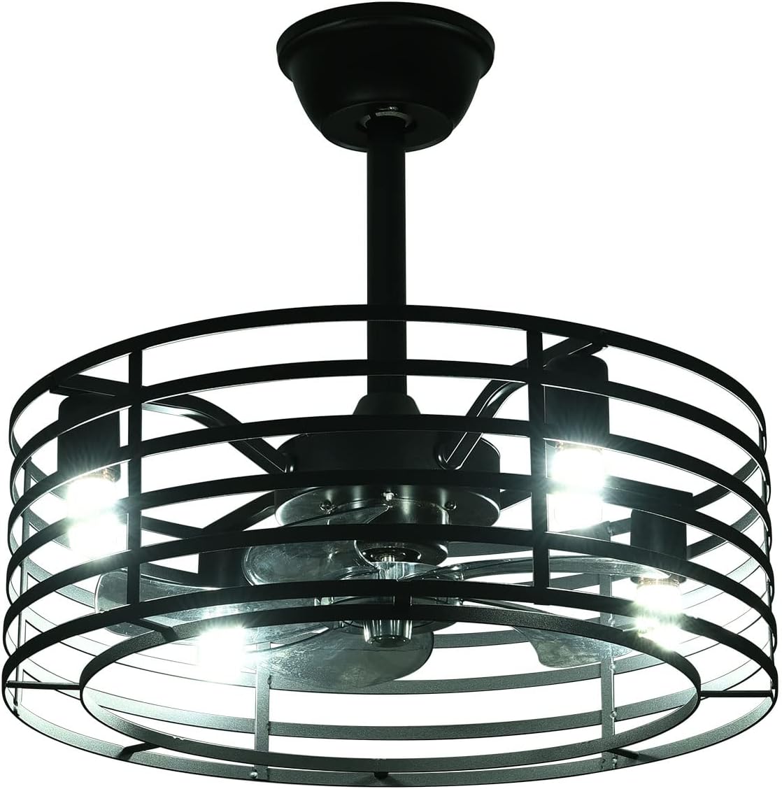 Industrial Ceiling Fan with Lights 20inch Enclosed Ceiling Fan Indoor w/Remote, Black Caged Retro Ceiling Fan Metal Bladeless Chandelier Fan Lighting for Living Dining Room Bedroom Kitchen