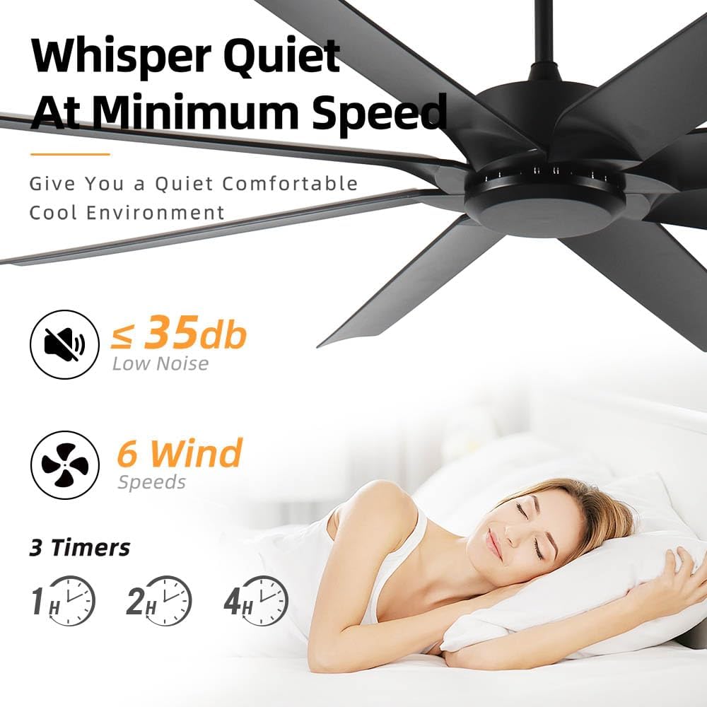 72inch Large Ceiling Fans No light,Industrial Ceiling Fan with 8 Blades(ABS),Reversible DC Motor,Quiet Fans with Remote control,3 Downrods,Black Ceiling Fans for Patio/Porch/Garage/Shop