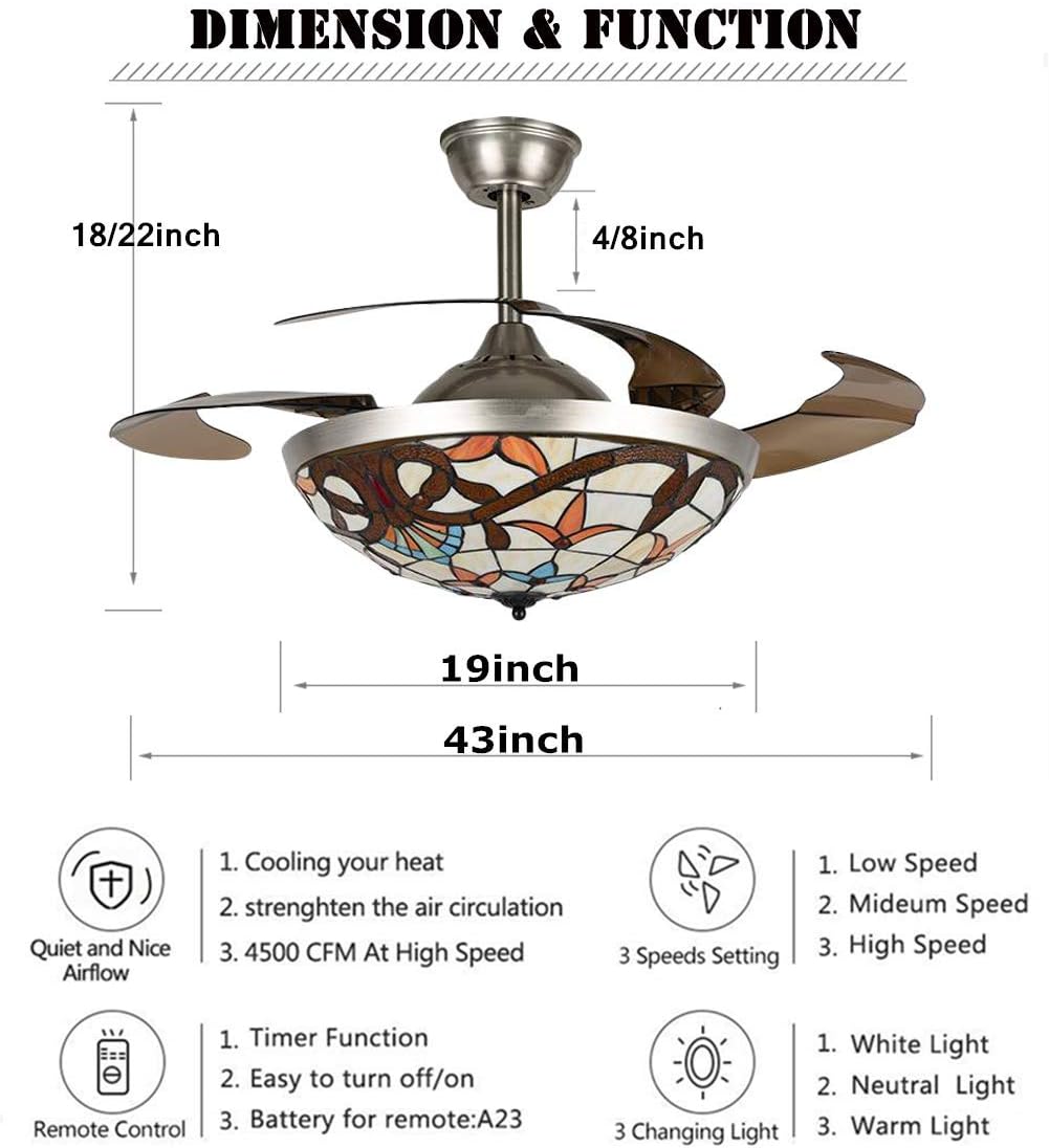 Fandian 42' Ceiling Fan with Lights Remote Control Modern Retractable Chandelier, 3 Color Lighting with Stained Glass shade Fandeliers Fixtures for Living/Bedroom