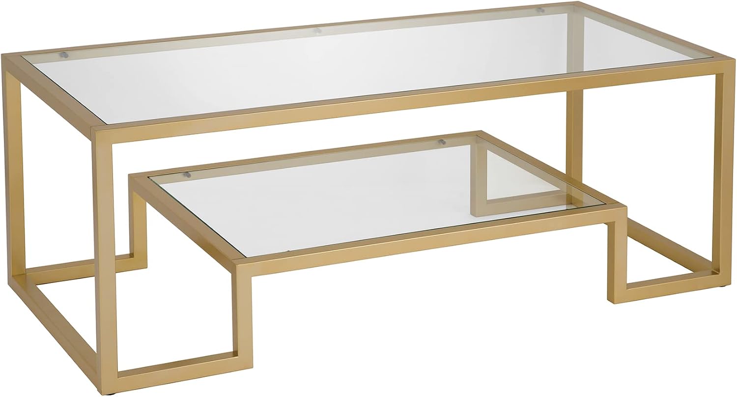 Henn&Hart 45' Rectangular Coffee Table with Glass Top and Raised Lower Shelf for Living Room, Family Room, or Office, Gold