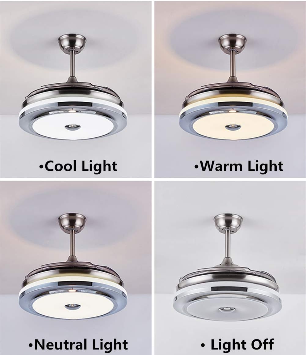 36' Modern Ceiling Fan with Light and Remote Control Retractable Chandelier Fixture 3 Lighting Color 3 Speed Fandelier for Kitchen Bedroom