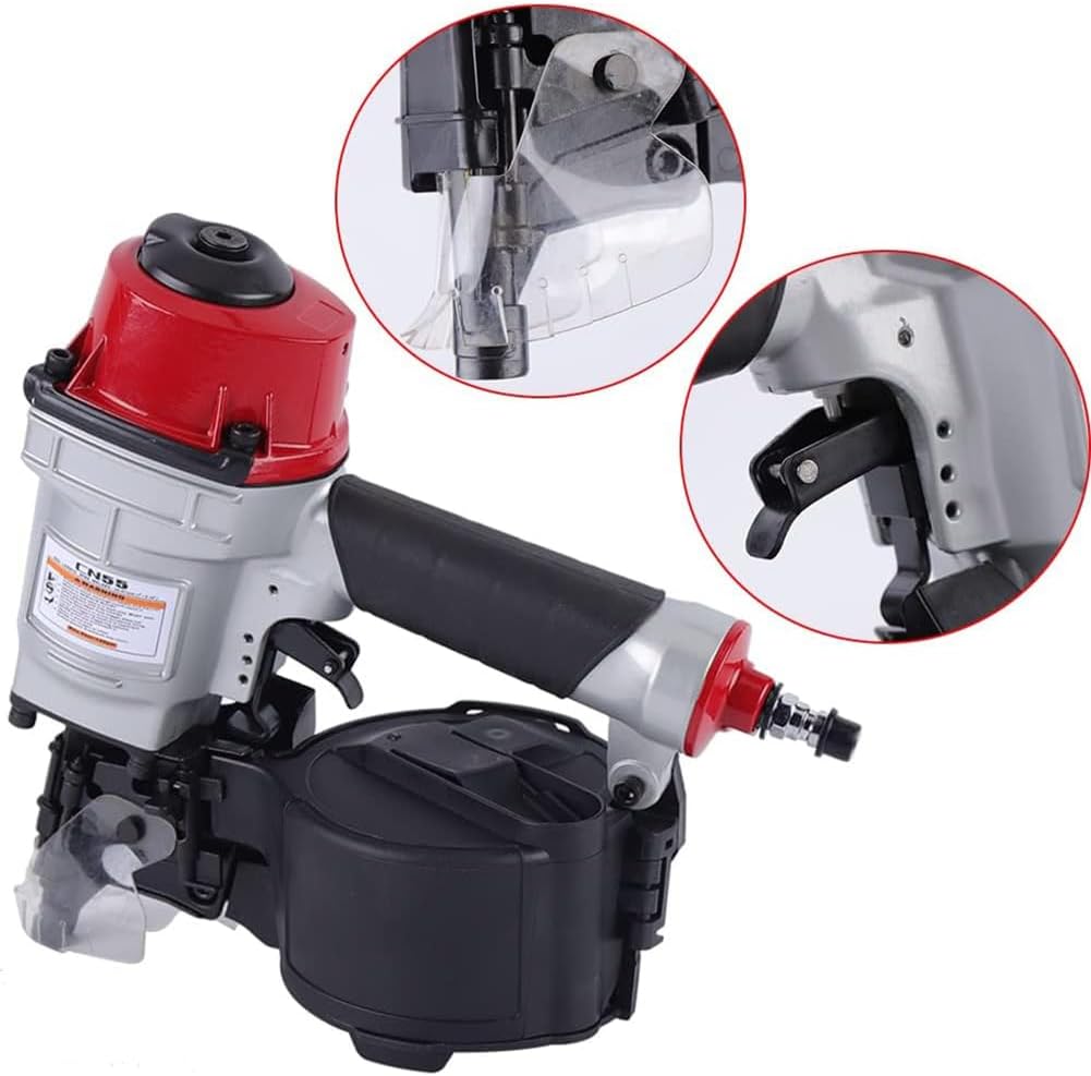 Pneumatic Coil Nailer, CN55 Siding Coil Nailer 25-57mm Air Framing Stapler Gun Roofing Nailer, 300-350 Nail Capacity, 15° & 16° NailsBlack,1