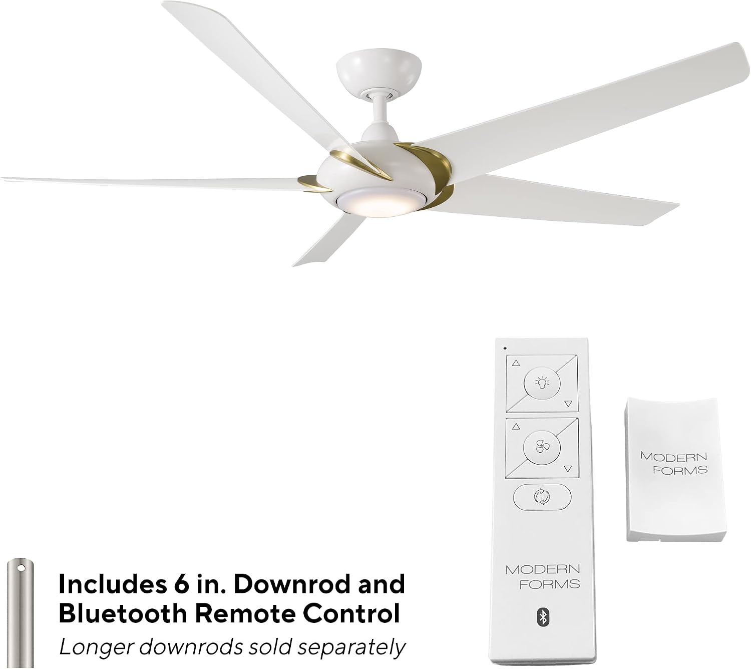 Modern Forms Lucid Indoor and Outdoor 5-Blade 62in Smart Ceiling Fan in Soft Brass Matte White with 3500K LED Light Kit and Remote Control works with Alexa and iOS or Android App