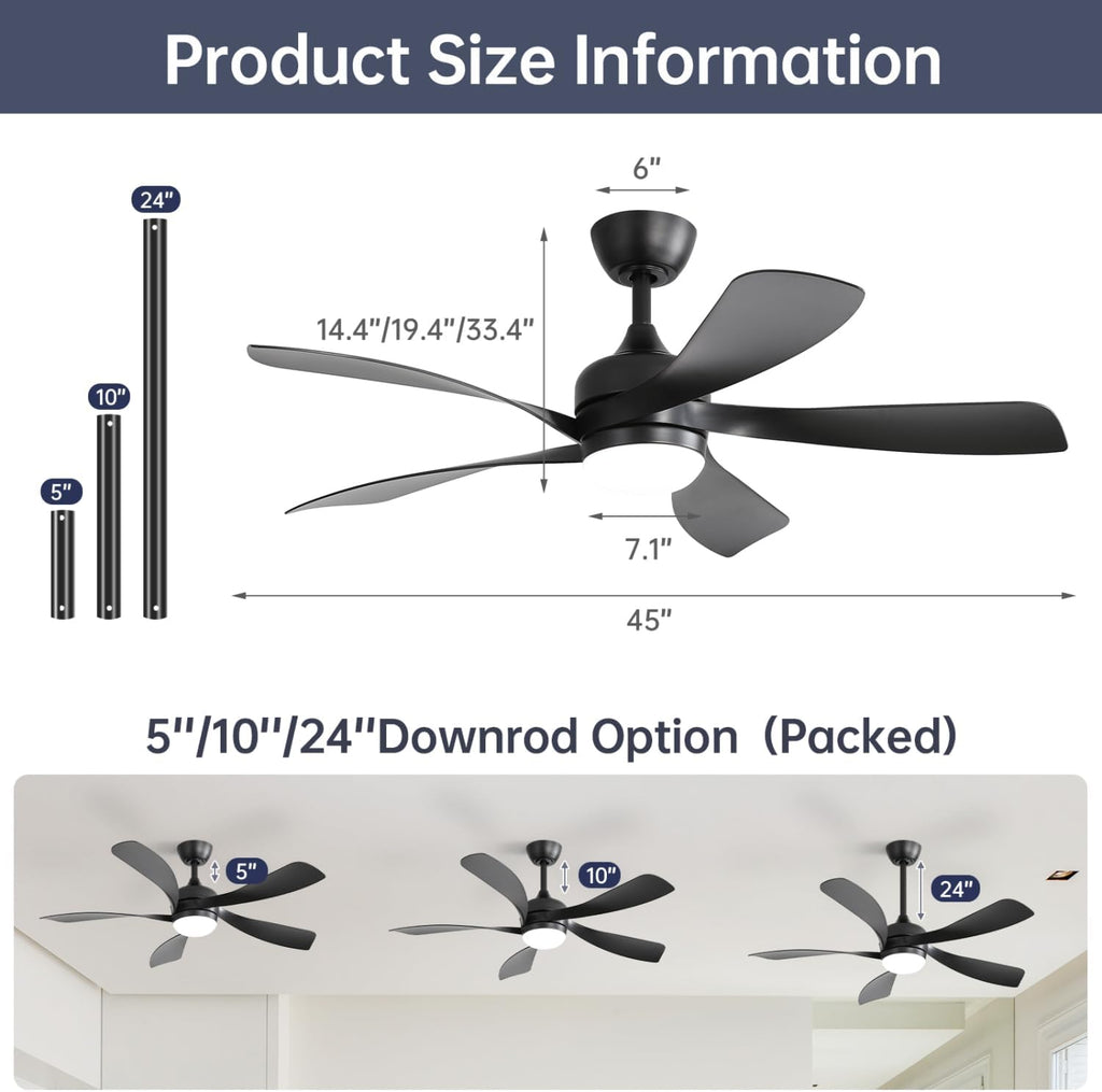 45-Inch Matte Black Smart Ceiling Fan with DC Motor, Alexa Control, Tri-Color LED Lighting, Reversible Operation