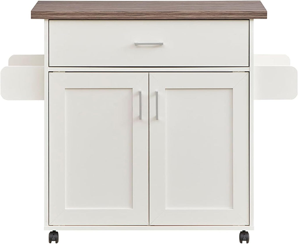 Deluxe Mobile Kitchen Island Cart with Water Resistant Top, Storage Cabinets, Adjustable Shelves, Spice Rack & Paper Towel Holder, Coffee Bar or Rolling Kitchen Cart with and Locking Wheels